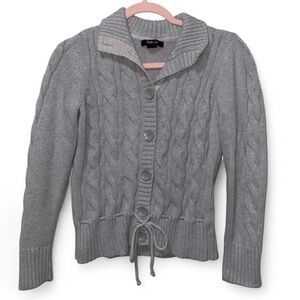 Vintage Y2K Bella Swan Fitted Thick Gray Cable Knit Tie Waist Cardigan Sweater